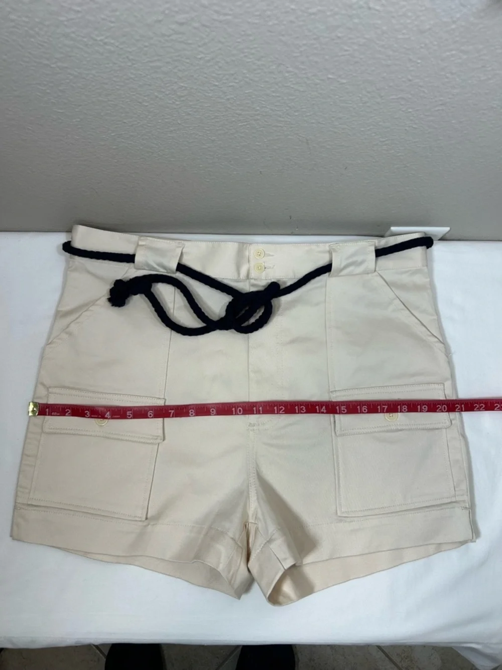 Zara Men’s Cotton Blend Cream Resort Beach Cargo Shorts with Navy Rope Tie 34_13